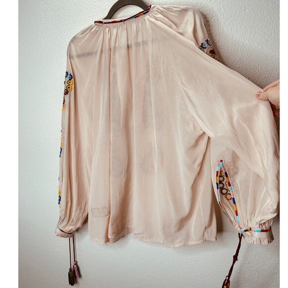 Fortela Ghodsi Tan Multicolor Beade Embroider Print Peasant Blouse 40 - Picture 10 of 16